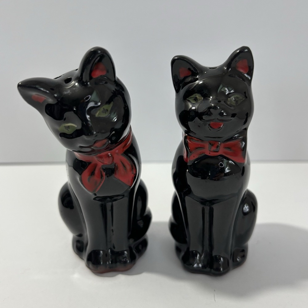 Vintage Shafford Black Cat Salt Pepper Shakers Set Redware Green Eyes Japan